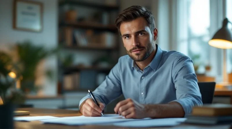 Mann berechnet Foerderung am Schreibtisch mit Unterlagen zum Aufstiegs-BAfoeg Saarland