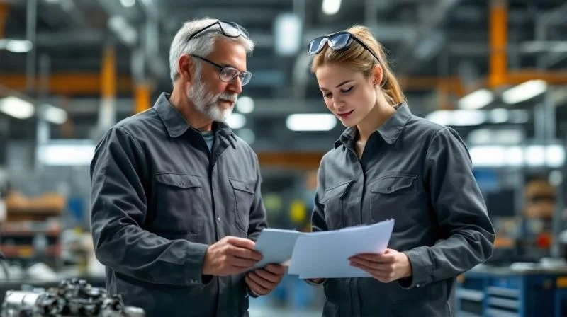 Ausbilder in einer Saarbrücker Industriewerkstatt erklärt einer Auszubildenden eine technische Komponente
