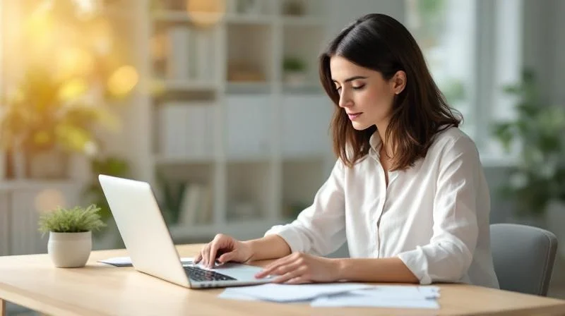 Frau sitzt in einem hellen Buero in Saarbruecken und fuellt Formulare am Laptop aus