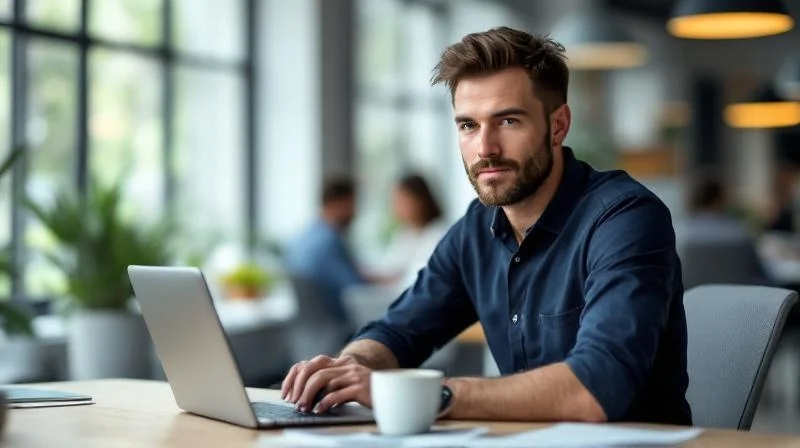 Mann mittleren Alters schaut konzentriert auf einen Laptop-Bildschirm in einem modernen Buero in Saarbruecken