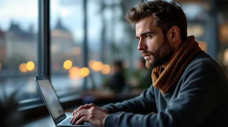 Saarbrücker Angestellter im Coworking-Space in St. Johann mit Laptop, im Hintergrund Saar-Brücke