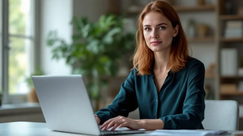 Frau lernt KI-Weiterbildung am Laptop in einem hellen Büro in Saarbrücken