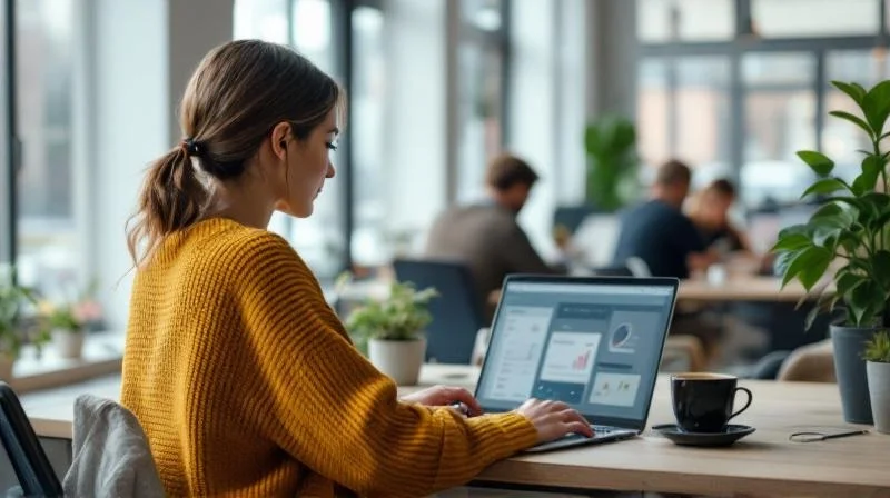Quereinsteigerin arbeitet in einem Saarbrücker Coworking-Space am Laptop