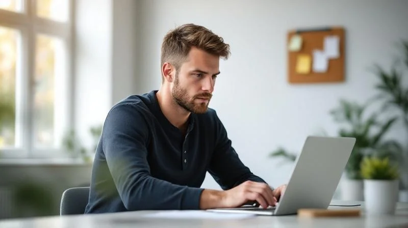 Mann arbeitet konzentriert am Laptop in einem modernen Arbeitsraum in Saarbruecken