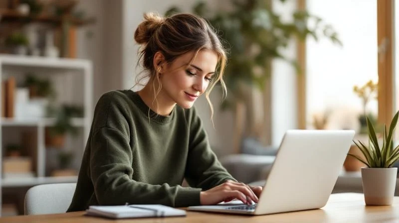 Frau lernt am Laptop in einem hellen Wohnzimmer in Saarbruecken