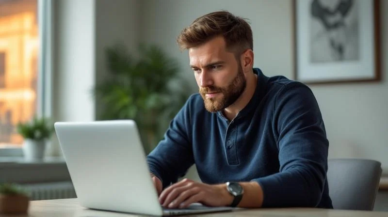 Mann lernt konzentriert am Laptop in einem hellen Arbeitszimmer in Saarbrücken